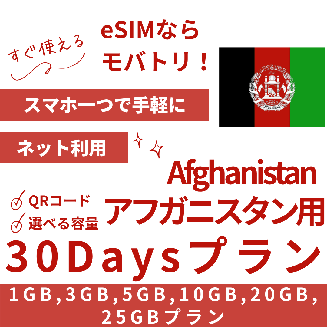 【アフガニスタン eSIM】30日間プラン データ容量選択式 プリペイド esim Afghan Wireless Afghanistan, Roshan Afghanistan回線 データ通信専用