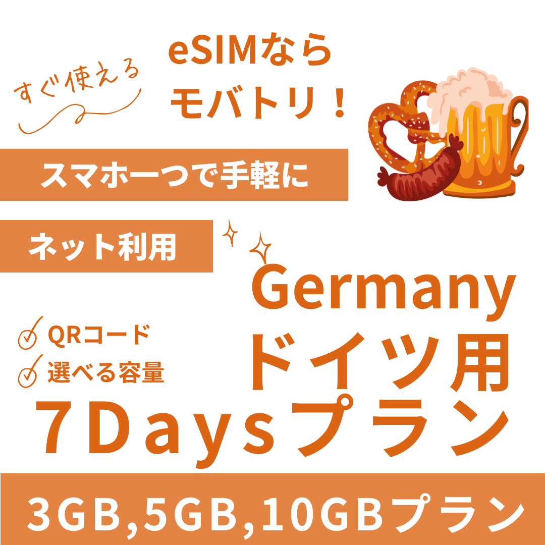 【ドイツ eSIM】7日間プラン データ容量選択式 プリペイド esim Deutsche Telekom・Vodafone回線 データ通信専用