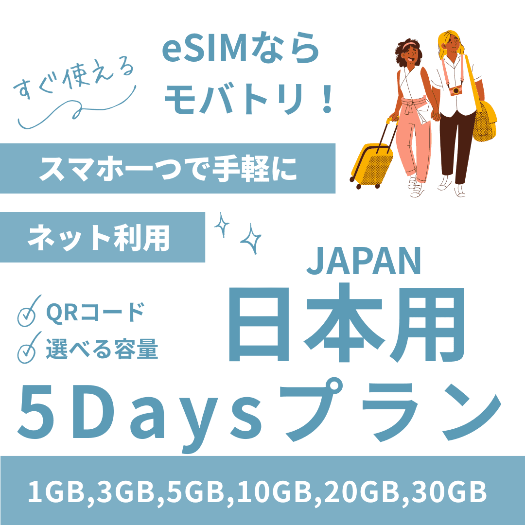 【日本 eSIM】5日間プラン データ容量選択式 プリペイド esim docomo KDDI回線 データ通信専用 5G/4G