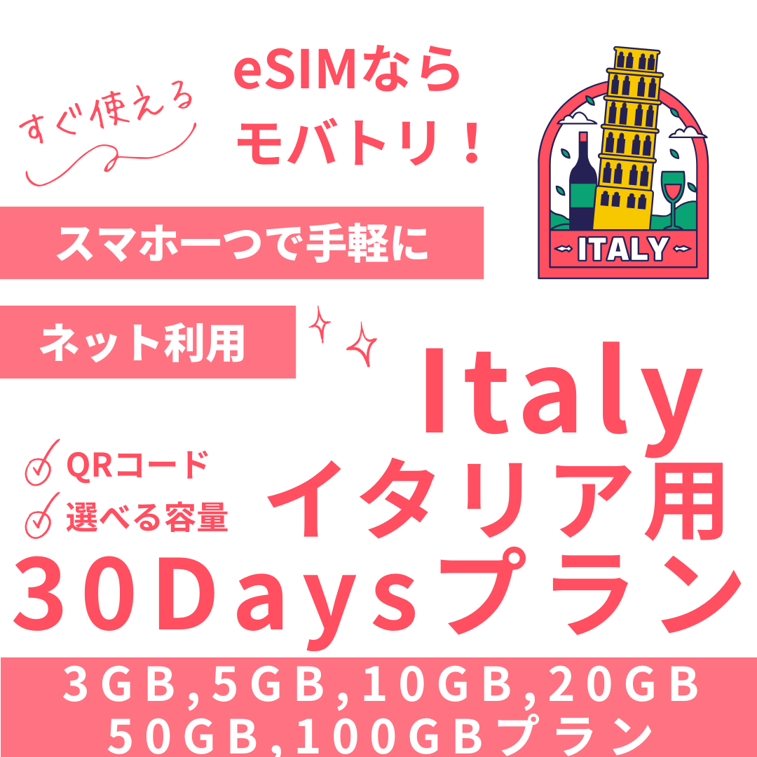 【イタリア eSIM】30日間プラン データ容量選択式 プリペイド esim TIM・Vodafone回線 データ通信専用