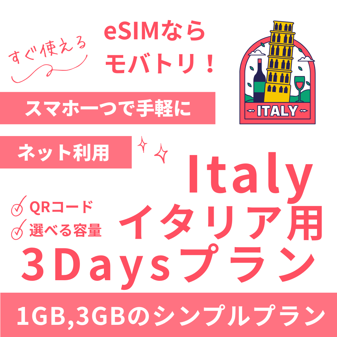 【イタリア eSIM】3日間プラン データ容量選択式 プリペイド esim TIM・Vodafone回線 データ通信専用 海外旅行