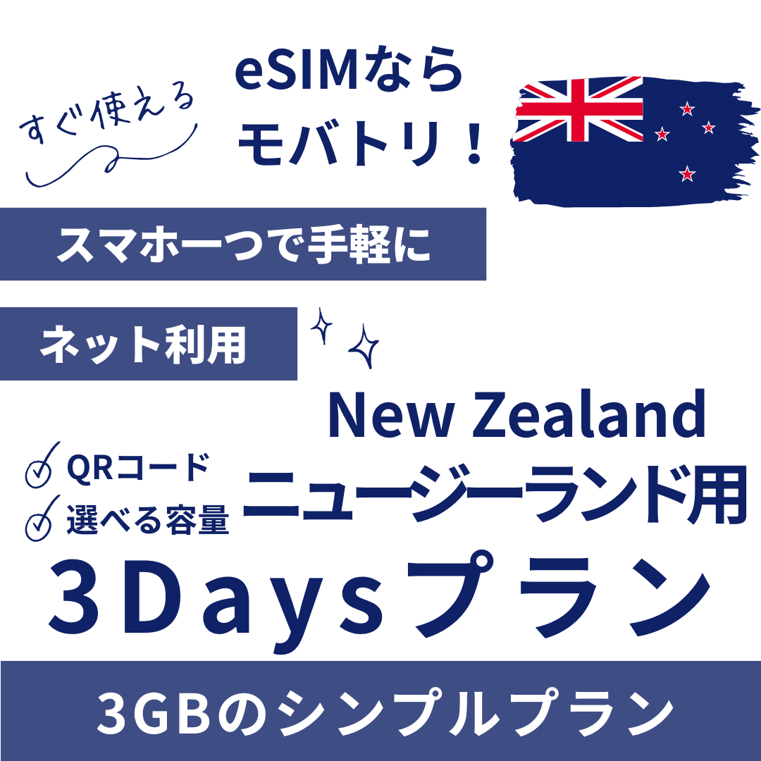 【ニュージーランド eSIM】3日間プラン データ容量選択式 プリペイド esim Spark・Vodafone回線 データ通信専用