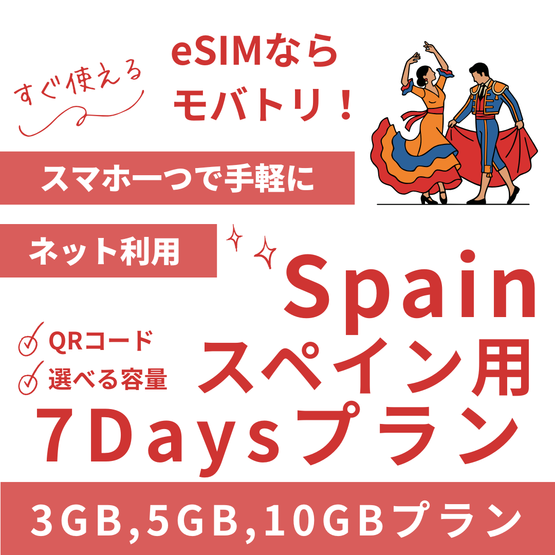 【スペイン eSIM】7日間プラン データ容量選択式 プリペイド esim Vodafone・Orange回線 データ通信専用